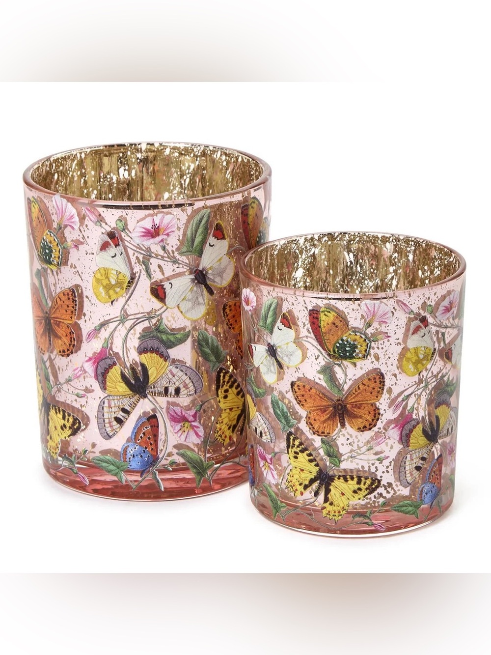 Two's Company Pink Butterfly Glass Votive Holders with Gold Interior